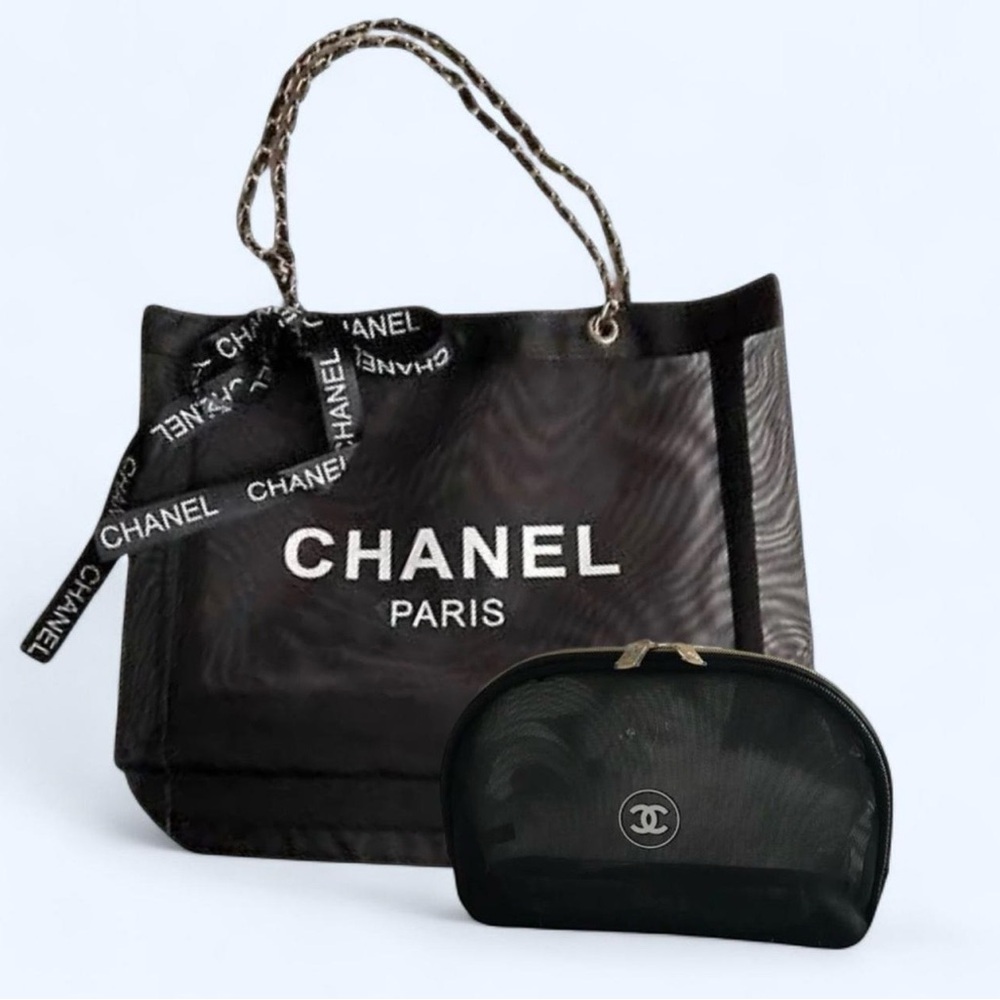 CHANEL Black Mesh Paris Tote with Matching Cosmetic Pouch